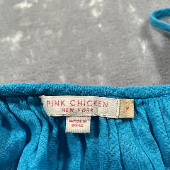 Pink Chicken Dress Womens Medium Blue Boho Hippie Gauzy Embroidered Flowy Tassel - Picture 4 of 13